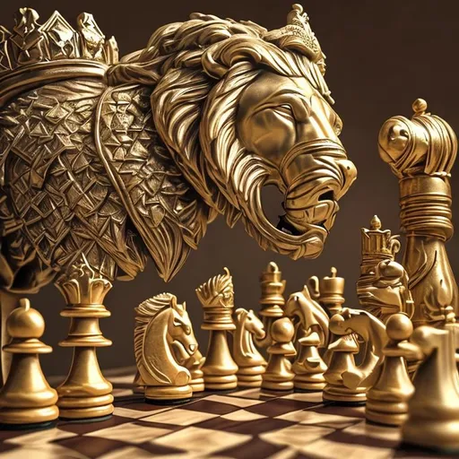 Prompt: Chess with lion as the king lioness as queen horse as knight elephant as bishop and camel as rook and cat as pawn ultra realistic art