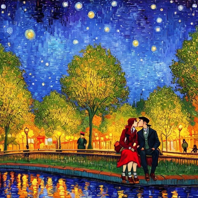 Prompt: Woman kissing Man sitting on an bank in the park, Style Flora Bowley and Vincent van Gogh,8k and Enki Bilal and Anton Pieck, dynamic lighting, ultra detailed