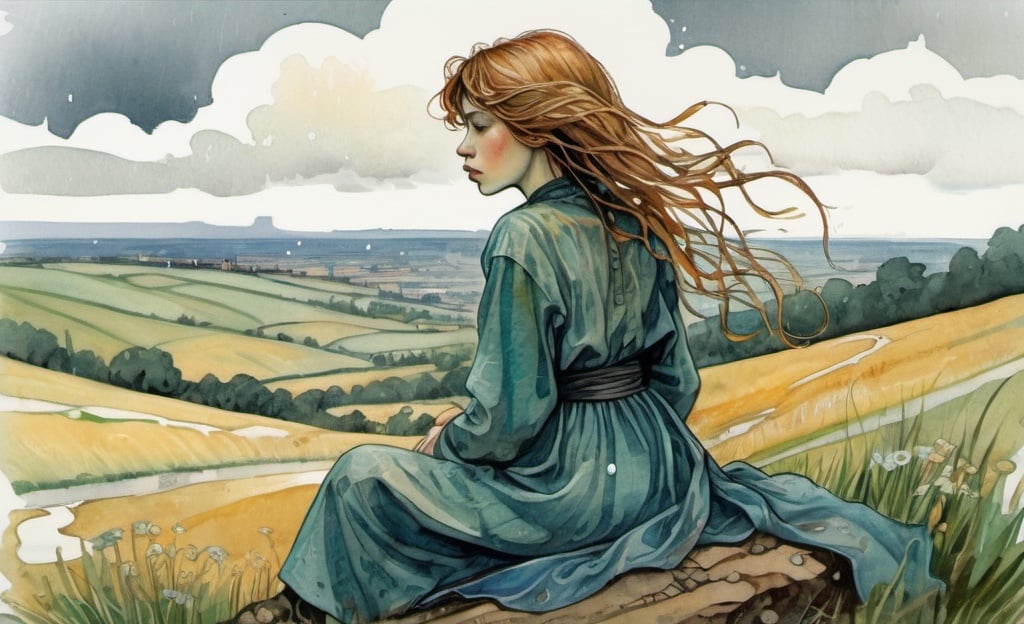 Prompt: A girl sitting on a hill with her back to the viewer, hit by the rain, rain-soaked hair and clothing, watercolor, style van Gogh and Alphonse Mucha, Art Nouveau, Enki Bilal and Flora Bowley, style by Sam Yang and WATERHOUSE