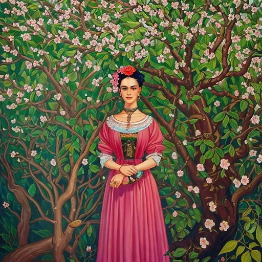 Prompt: Frida Kahlo as Woman in garden, almond blossom luminous trees, intriguing flowers, highly detailed painting, intricate, high quality oil painting , woman Sandro Botticelli style