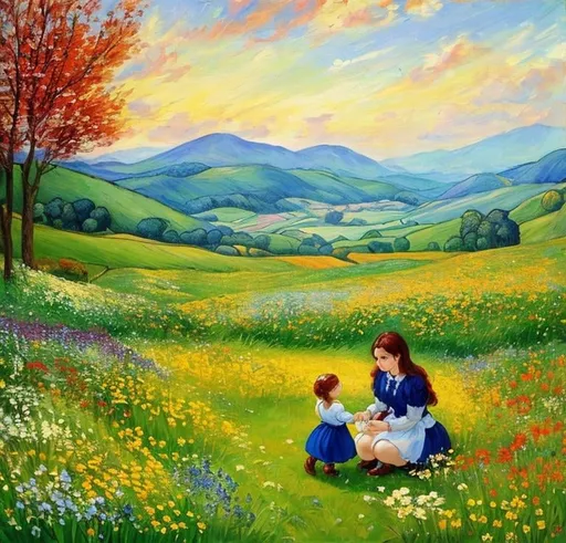Prompt: Beautiful Romanian welsh painting with baby. Van gough style spring meadow flowers 
