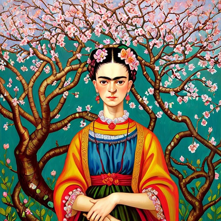 Prompt:  Beautiful Frida Kahlo as Woman in garden, almond blossom luminous trees, intriguing flowers, highly detailed painting, intricate, high quality oil painting , woman Sandro Botticelli style and patchwork by Megan Duncanson and Jennifer Lommers and Didier Lourenço 