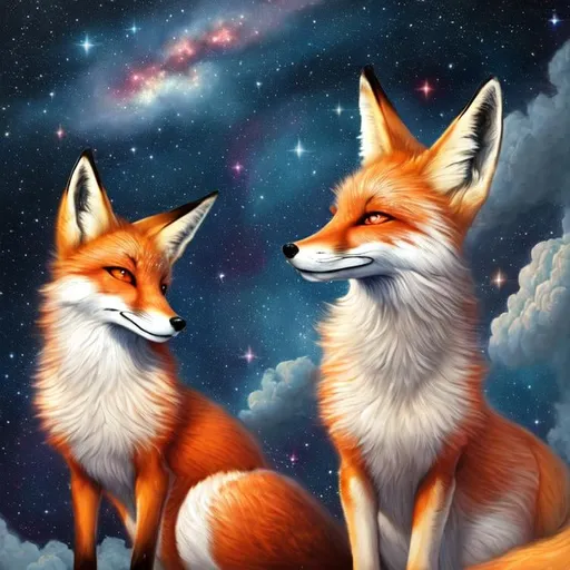 Prompt:  Oil painting by Botticelli portrait of a beautiful fox observing star dust and clouds in the milky-way, stunning image, epic fantasy image, award-winning cgi, artstation, blender 