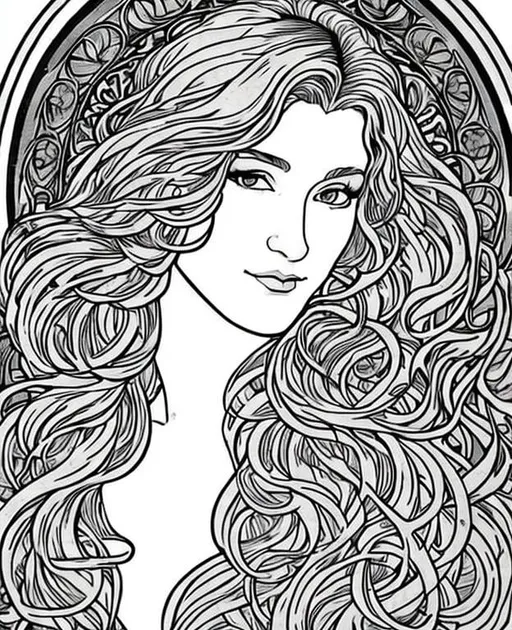 Prompt:  in the style of botticelli. a middle aged woman with long gray hair. she has green eyes. she has green feathers in her air. in the style of alphonse mucha. in the style of maurice sendak.