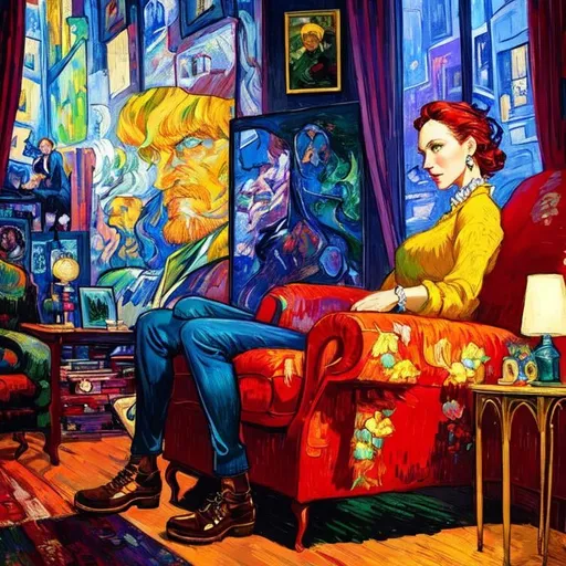 Prompt: Woman sitting on the sofa, Style Flora Bowley and Vincent van Gogh,8k and Enki Bilal and Anton Pieck, dynamic lighting, ultra detailed