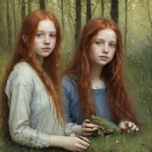 Prompt: cosy, professional painting ,a resting red haired Girl with messy long hair, and a blue Frog, looking at the camera, in a forest, detailed grass, detailed hair, by Jules Bastien-lepage, expressive eyes, detailed lawn, Vibrant Colors, night lighting, centered, wide
