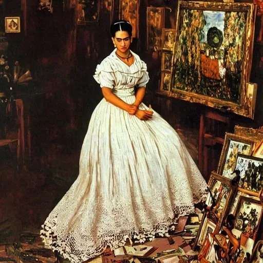 Prompt: a painting by claude monet of a beautiful slender blonde young woman frida kahlo in evening dress in her art studio surrounded by shabby little sketches and small abstract paintings,8k, dynamic lighting, ultra detailed