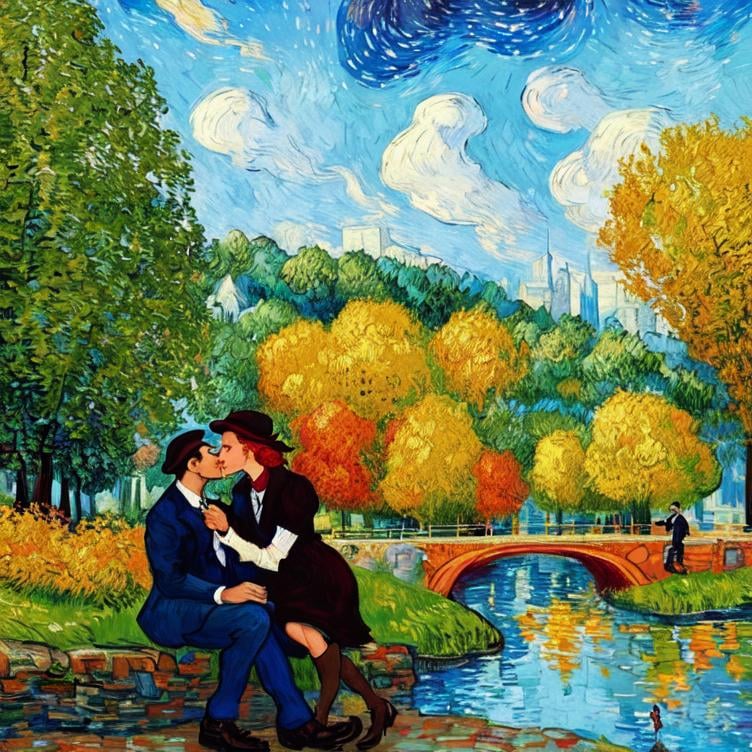 Prompt: Woman kissing Man sitting on an bank in the park, Style Flora Bowley and Vincent van Gogh,8k and Enki Bilal and Anton Pieck, dynamic lighting, ultra detailed