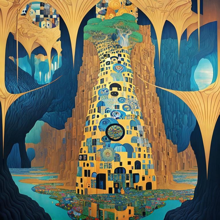 Prompt: Surreal landscape, Style: Escher, Mirko Reisser Daim, Leandro Erlich, optical illusion, elegant, dynamic lighting, poster,crisp quality,patchwork by Gustav Klimt and James Jean,art by artgerm and greg rutkowsky and alphonse mucha,Leonid Afemov