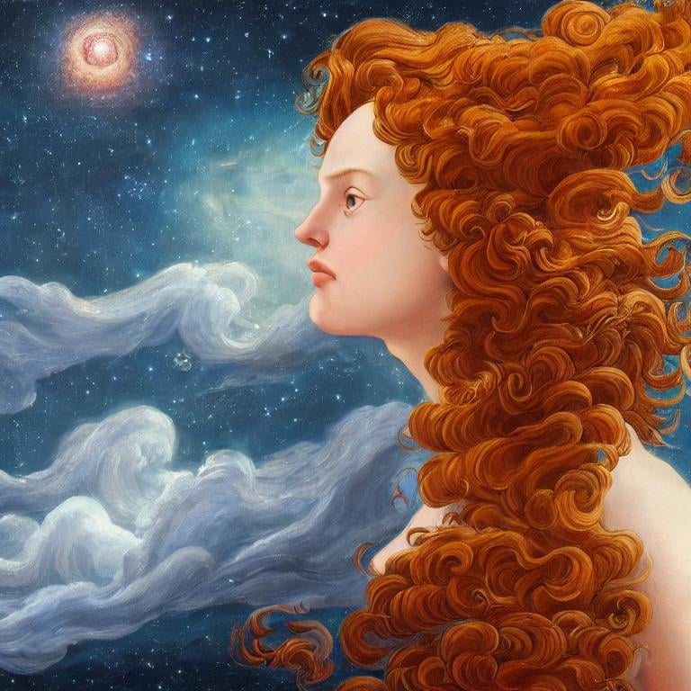 Prompt:  Oil painting by Botticelli portrait of a beautiful woman with curly auburn hair observing star dust and clouds in the milky-way, stunning image, epic fantasy image, award-winning cgi, artstation, blender 