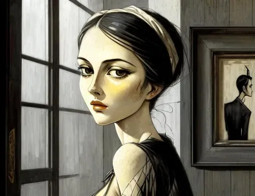 Prompt: sharp focus elegant intricate details sensuality very attractive beautiful high definition crisp quality very cute Bernard Buffet (figurative expressionist French painter)