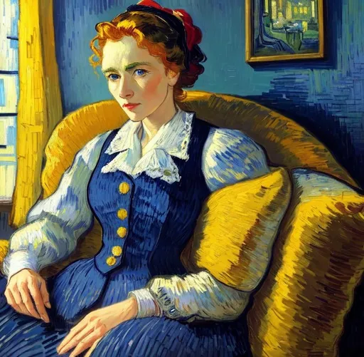 Prompt: Woman sitting on the sofa, Style  Vincent van Gogh,8k, dynamic lighting, ultra detailed