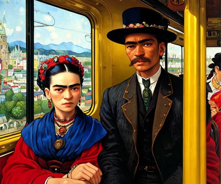 Prompt: A blind man is riding the train. Frida Kahlo a young woman joins him in his carriage, van Gogh style, Fantastic view, Alphonse Mucha , Gustav Klimt, Enki Bilal