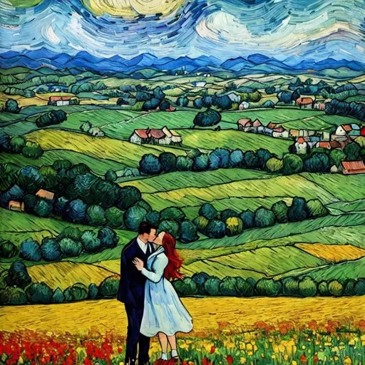 Prompt: Woman kissing Man in landscape of the countryside, Style Flora Bowley and Vincent van Gogh,8k and Enki Bilal and Anton Pieck, dynamic lighting, ultra detailed