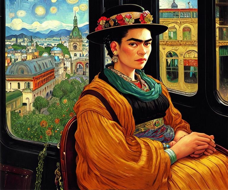 Prompt: A blind man is riding the train. Frida Kahlo a young woman joins him in his carriage, van Gogh style, Fantastic view, Alphonse Mucha , Gustav Klimt, Enki Bilal