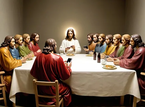 Prompt: Holy Nonsense --- The holy scene, Jesus is sitting at a table with his twelve (12) apostles for his last meal, he speaks in deep and wise words, but the twelve apostles are all distracted looking at their cell phones, Christianity and digitalisation, absurdity of the wise philosopher confronted with the hedonistic narcissism of a civilization that only believes in the connected gadget  
