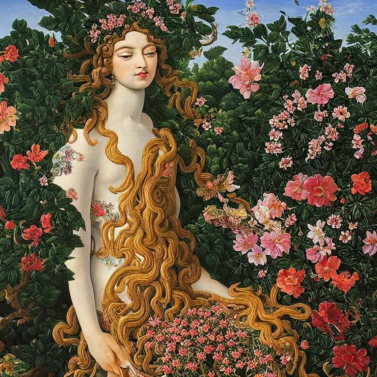 Prompt: Medusa in an beautiful garden, amandel blossem, fowers , highly detailed painting, intricate, high quality oil painting , woman Sandro Botticelli style 