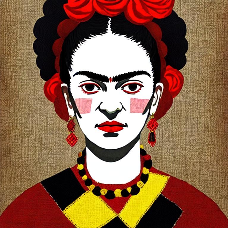 Prompt:  Beautiful Frida Kahlo in red and Black and white and yellow, patchwork by Megan Duncanson and Jennifer Lommers and Didier Lourenço 