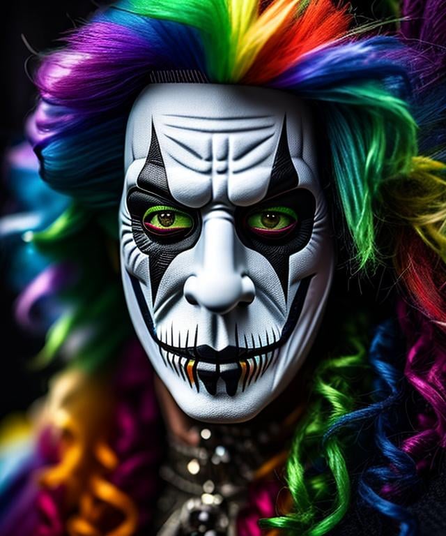 Prompt:  écolorful portraits of a scary masked clown stunning wallpaper, very very detailed,fantasy ,8k, elegant,extremely detailed,fantasy,8k,fantastic view,hypperrealistic,4K 3D, high definition,matte background, bokey 