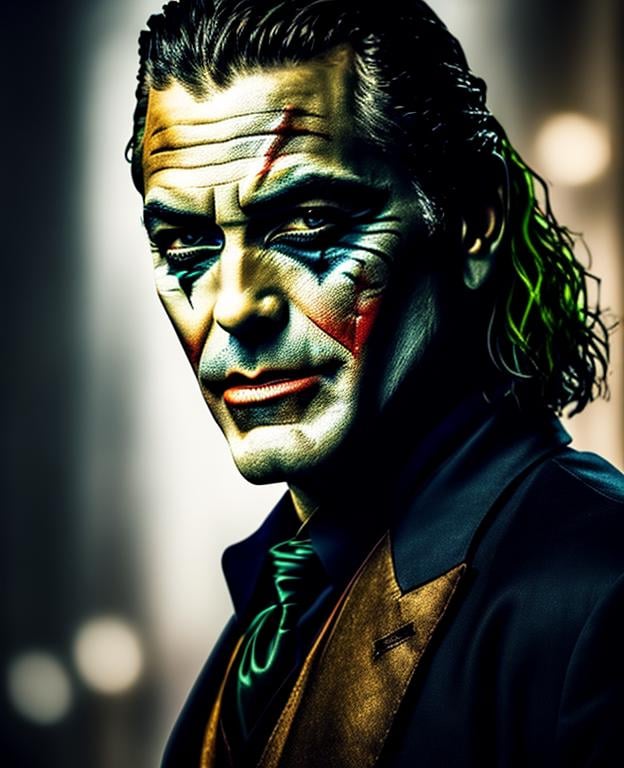 Prompt: fantasy, medieval, george clooney as the joker, UHD, 8k, high quality, ultra quality, perfect composition, trending art, trending on artstation, sharp focus, studio photo, intricate details, cinematic lighting, special effects, hyper realism, hyper realistic, Very detailed, high detailed face, high detailed eyes, oil painting, full body, full view