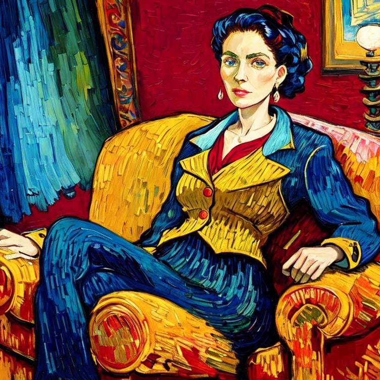 Prompt: Woman sitting on the sofa, Style Flora Bowley and Vincent van Gogh,8k and Enki Bilal and Anton Pieck, dynamic lighting, ultra detailed