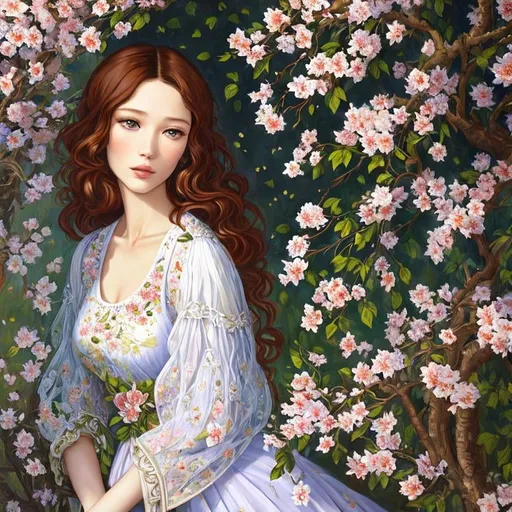 Prompt:  Beautiful Astrid Berges-Frisbey as Woman in garden, almond blossom luminous trees, intriguing flowers, highly detailed painting, intricate, high quality oil painting , woman Sandro Botticelli style and patchwork by Megan Duncanson and Jennifer Lommers and Didier Lourenço 