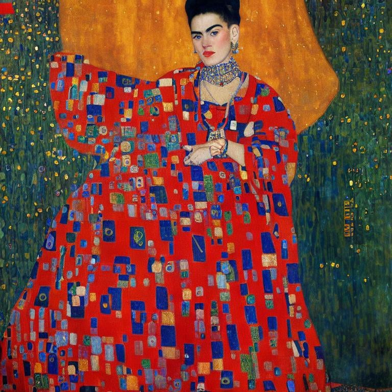 Prompt: a painting by gustav klimt of a beautiful slender blonde young woman frida kahlo in royal dress ,8k, dynamic lighting, ultra detailed