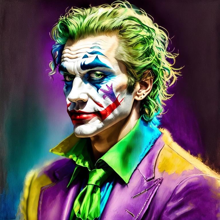 Prompt: fantasy, medieval, joker, UHD, 8k, high quality, ultra quality, perfect composition, trending art, trending on artstation, sharp focus, studio photo, intricate details, cinematic lighting, special effects, hyper realism, hyper realistic, Very detailed, high detailed face, high detailed eyes, oil painting, full body, full view