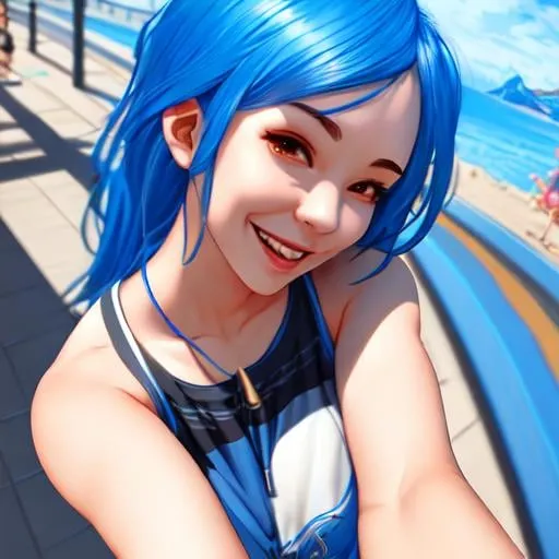 Prompt: SamDoesArt, a girl, blue hair, smile, sunny, day, taking selfie, HDRI, masterpiece, smooth, sharp focus, illustration, golden ratio,  art by Sam Yang