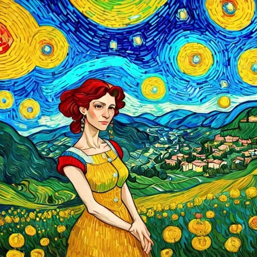 Prompt: Beautiful italian lady in an beautiful landscape of Umbrië, Style Flora Bowley and Vincent van Gogh,8k, dynamic lighting, ultra detailed