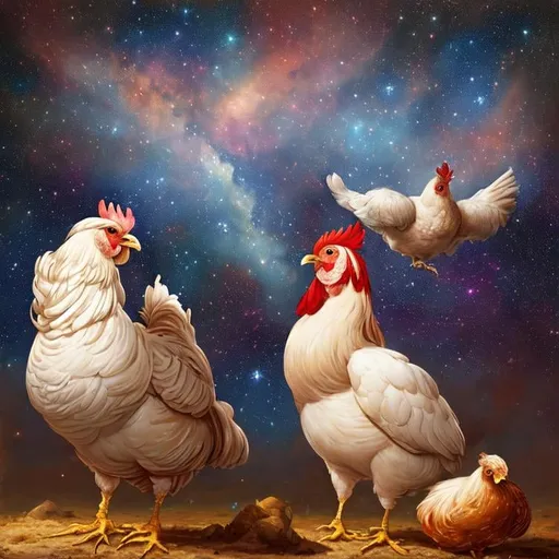 Prompt:  Oil painting by Botticelli portrait of a beautiful chickens observing star dust and clouds in the milky-way, stunning image, epic fantasy image, award-winning cgi, artstation, blender 