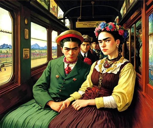 Prompt: A blind man is riding the train. Frida Kahlo a young woman joins him in his carriage, van Gogh style, Fantastic view, Alphonse Mucha , Gustav Klimt, Enki Bilal