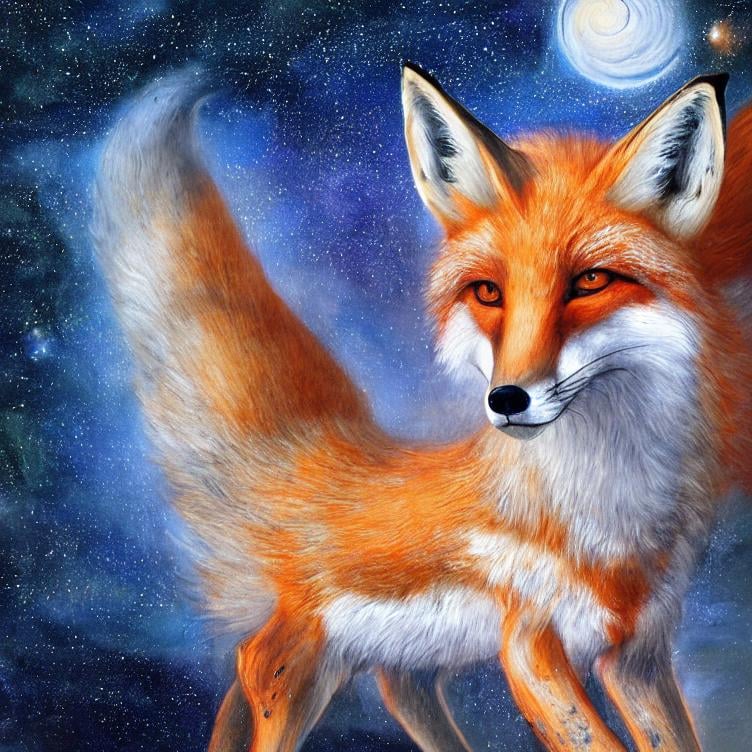 Prompt:  Oil painting by Botticelli portrait of a beautiful fox observing star dust and clouds in the milky-way, stunning image, epic fantasy image, award-winning cgi, artstation, blender 