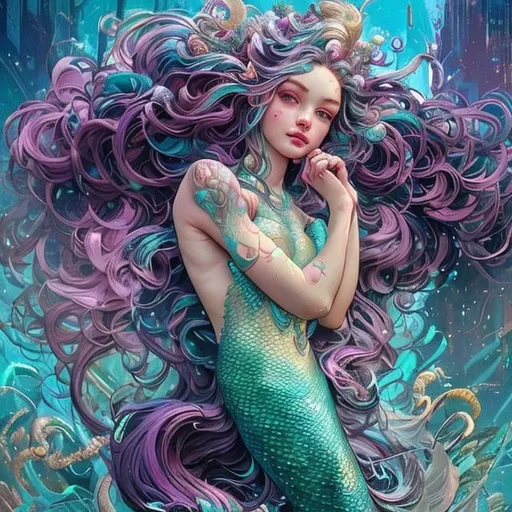 Prompt: goddess of mermaid girl, vibrant, whimsical by russ mills by anna dittman, dark background, ruby, long wavy hair, scenic, cute, adorable, pretty, 8k resolution concept art portrait by Greg Rutkowski, Artgerm, WLOP, Alphonse Mucha dynamic lighting hyperdetailed intricately detailed Splash art trending on Artstation triadic colors Unreal Engine 5 volumetric lighting, gothic, high resolution, Close up portrait, ambient light, Nikon 15mm f/1.8G, by Rebecca Suger, glamour, intricate and detailed environment, laces, stains, watercolor dark background, Masterpiece, Royo, ornate, depth