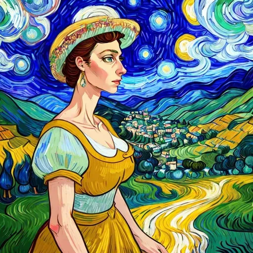 Prompt: Beautiful italian lady in an beautiful landscape of Umbrië, Style Flora Bowley and Vincent van Gogh,8k, dynamic lighting, ultra detailed