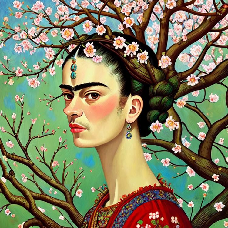 Prompt:  Beautiful Frida Kahlo as Woman in garden, almond blossom luminous trees, intriguing flowers, highly detailed painting, intricate, high quality oil painting , woman Sandro Botticelli style and patchwork by Megan Duncanson and Jennifer Lommers and Didier Lourenço 