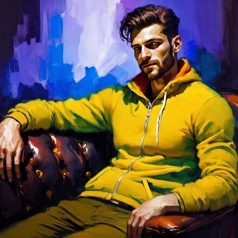 Prompt: Man sitting on the sofa, Style Flora Bowley and Vincent van Gogh,8k, dynamic lighting, ultra detailed