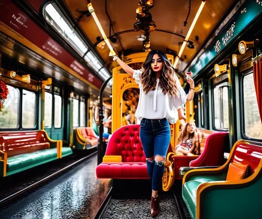 Prompt:  A fusion of fashion-forward styling for a blog, evoking a whimsical and fantastical ambiance against a backdrop of a train. 