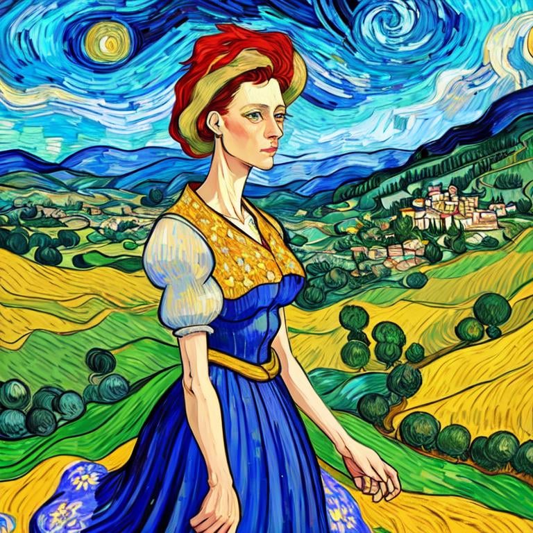 Prompt: Beautiful italian lady in an beautiful landscape of Umbrië, Style Flora Bowley and Vincent van Gogh,8k, dynamic lighting, ultra detailed