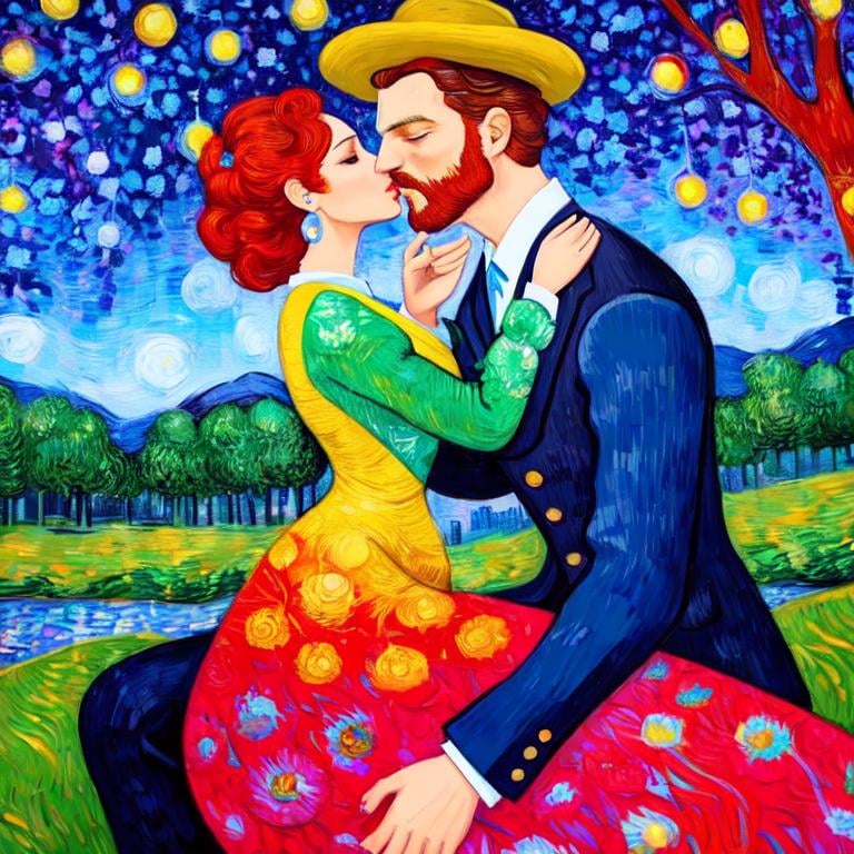 Prompt: Woman kissing Man sitting on an bank in the park, Style Flora Bowley and Vincent van Gogh, 8k, dynamic lighting, ultra detailed