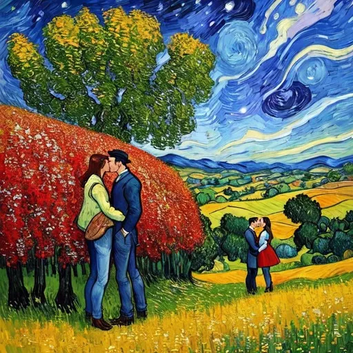 Prompt: Woman kissing Man in landscape of the countryside, Style Flora Bowley and Vincent van Gogh,8k and Enki Bilal and Anton Pieck, dynamic lighting, ultra detailed