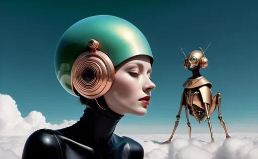 Prompt:  Futuristic sky atmosphere, above clouds, Franz Kafka seated on the right, humanoid female android-beetle on the left, bio-beetle android with copper-red hair, silver pants, circular blue visor helmet, toned back, human-like skin texture, Kafka in metallic draped black dress, deep neckline, high-leg slit, knee-high black boots, porcelain skin, bold makeup with black eyeliner, green lipstick, large Sound funnel like old gramophone, captures songs from stars, intricate design, halo effect, digital illustration, detailed, sharp focus, cool-toned color palette, dramatic lighting, surreal ambiance  

Rembrandt Hans Bellmer