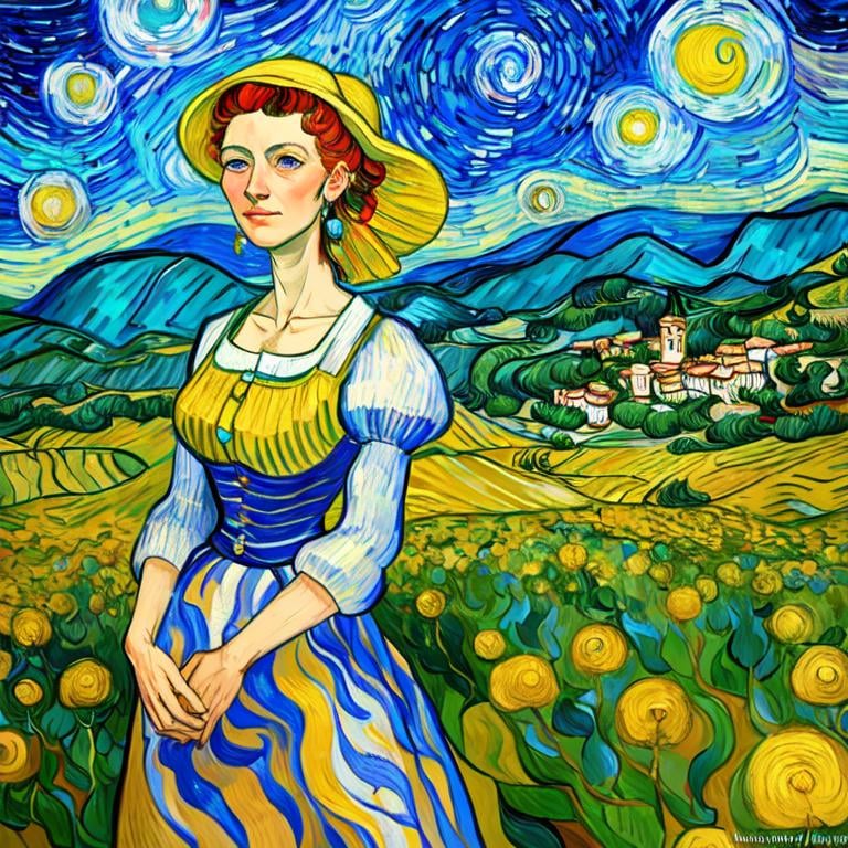 Prompt: Beautiful italian lady in an beautiful landscape of Umbrië, Style Flora Bowley and Vincent van Gogh,8k, dynamic lighting, ultra detailed