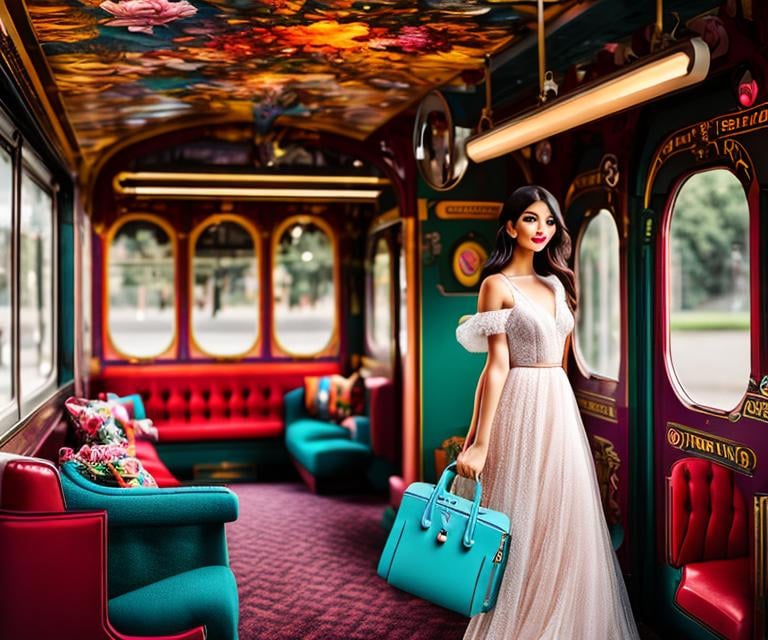 Prompt:  A fusion of fashion-forward styling for a blog, evoking a whimsical and fantastical ambiance against a backdrop of a train. 