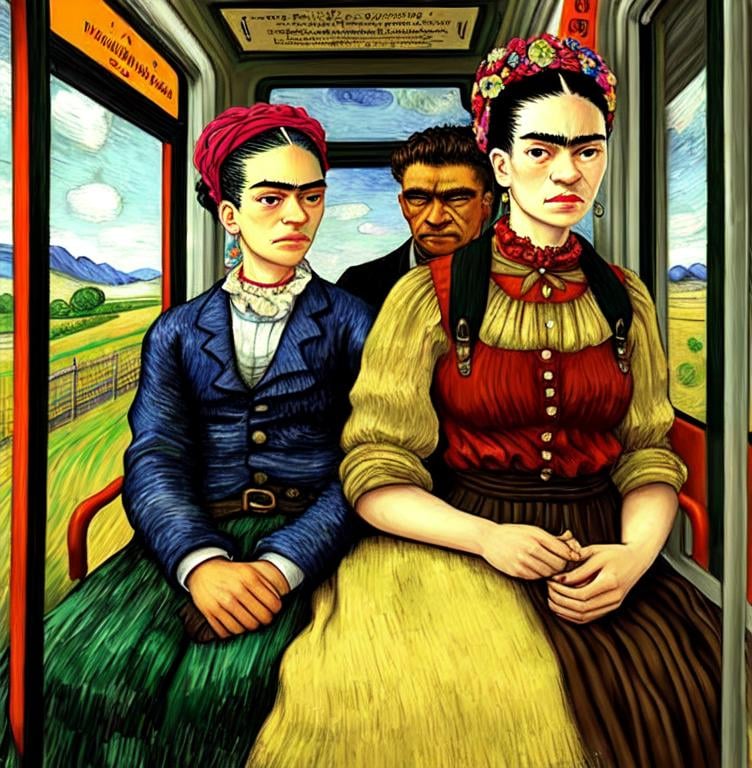 Prompt: A blind man is riding the train. Frida Kahlo a young woman joins him in his carriage, van Gogh style