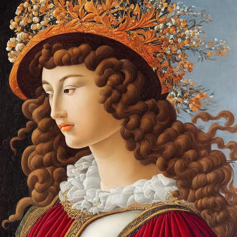 Prompt:  Woman with beautiful hat, highly detailed painting, intricate, high quality oil painting , woman Sandro Botticelli style 