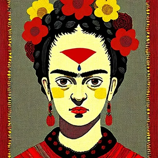 Prompt:  Beautiful Frida Kahlo in red and Black and white and yellow, patchwork by Megan Duncanson and Jennifer Lommers and Didier Lourenço 