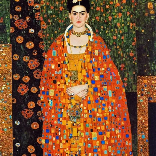 Prompt: a painting by gustav klimt of a beautiful slender blonde young woman frida kahlo in royal dress ,8k, dynamic lighting, ultra detailed