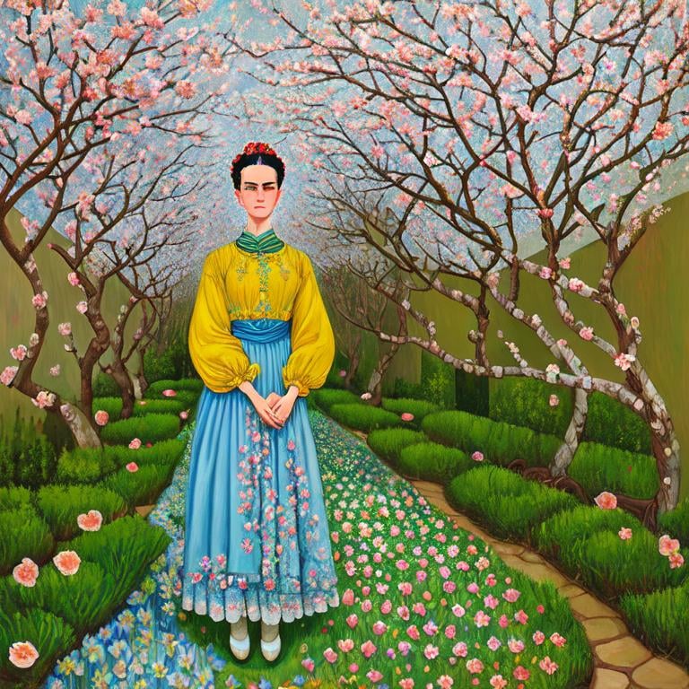 Prompt:  Frida Kahlo as Woman in garden, almond blossom luminous trees, intriguing flowers, highly detailed painting, intricate, high quality oil painting , woman Sandro Botticelli style and patchwork by Megan Duncanson and Jennifer Lommers and Didier Lourenço 