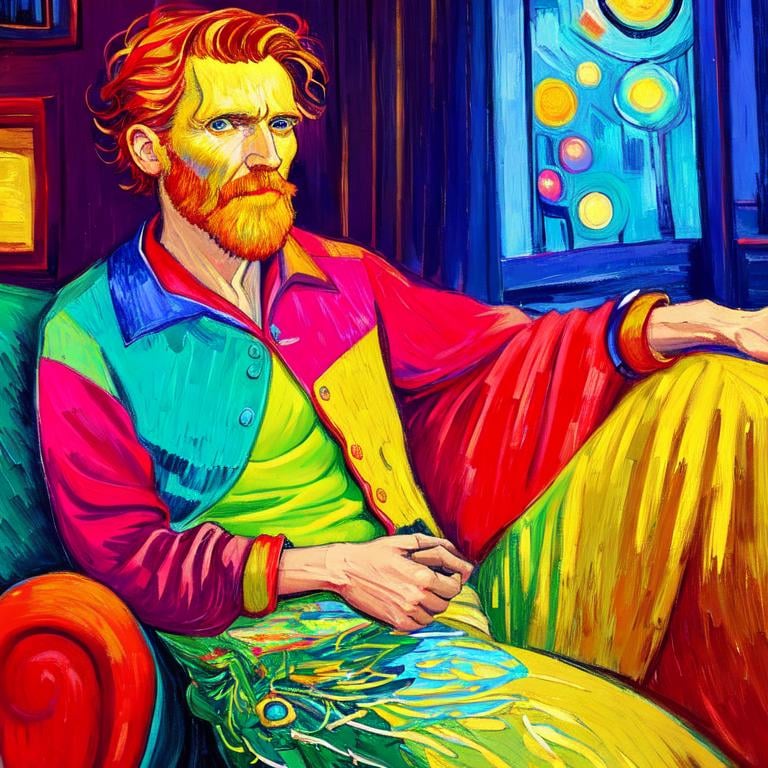 Prompt: Man sitting on the sofa, Style Flora Bowley and Vincent van Gogh,8k, dynamic lighting, ultra detailed